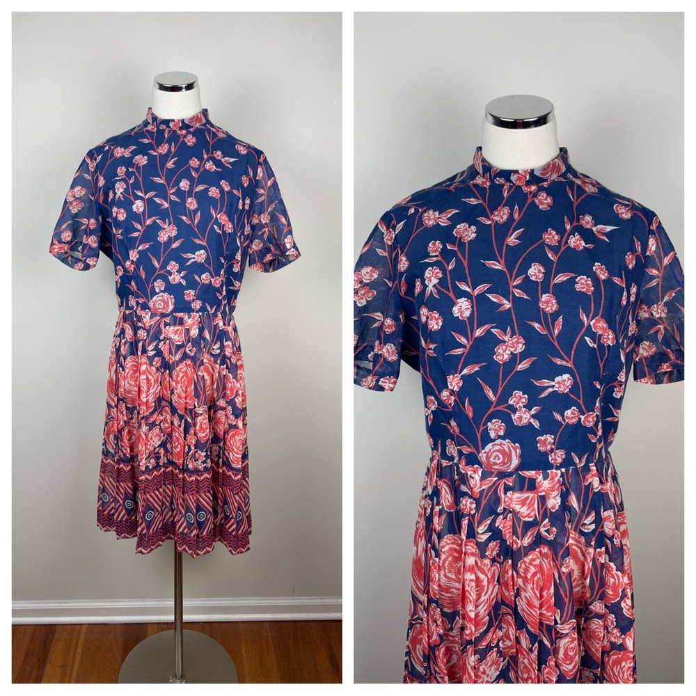 Ivan Frederics Of California Vintage Pink Blue White Floral Pleated Dress Women